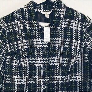 CJ Banks Blazer Women's 3X Tweed Button Up Wool Blend Lined Pockets Black Green